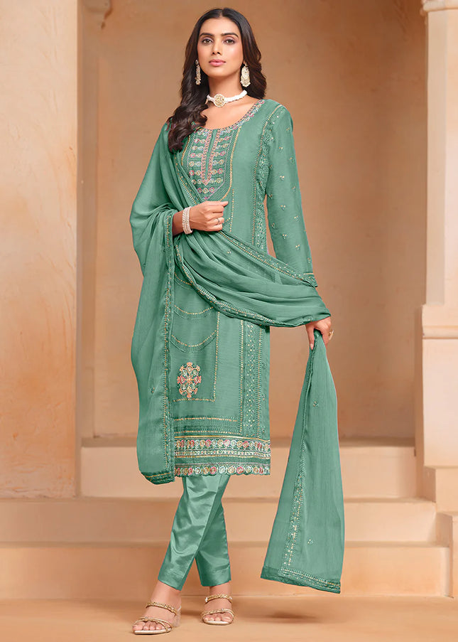 Sea Green Embroidered Pant Style Suit