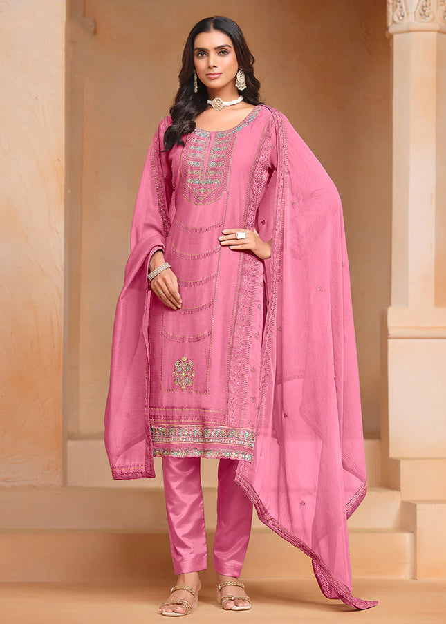 Pink Embroidered Pant Style Suit