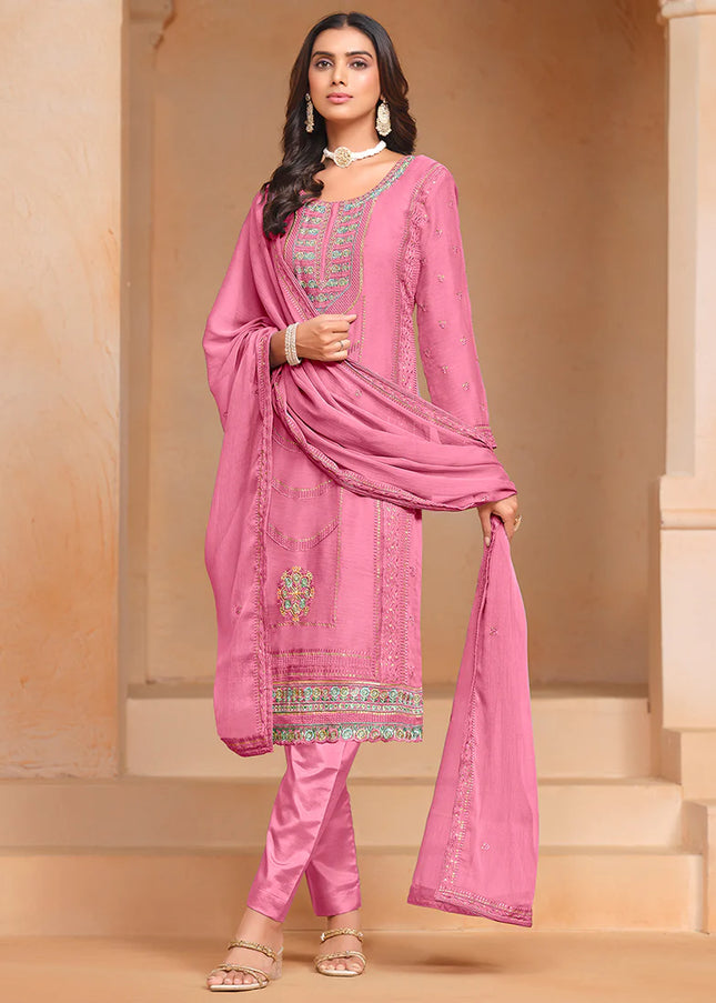 Pink Embroidered Pant Style Suit