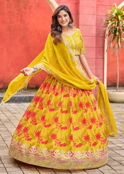 Yellow Printed and Embroidered Lehenga Choli