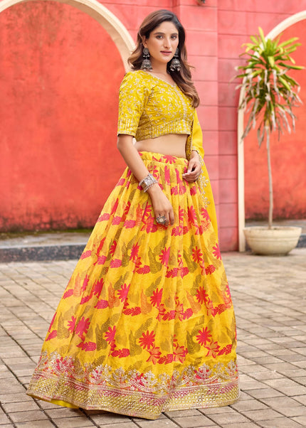 Yellow Printed and Embroidered Lehenga Choli