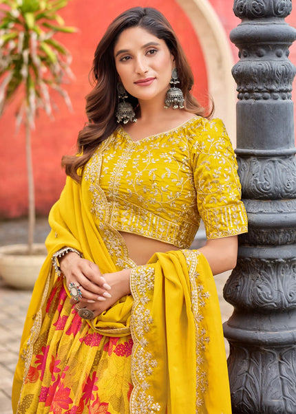Yellow Printed and Embroidered Lehenga Choli
