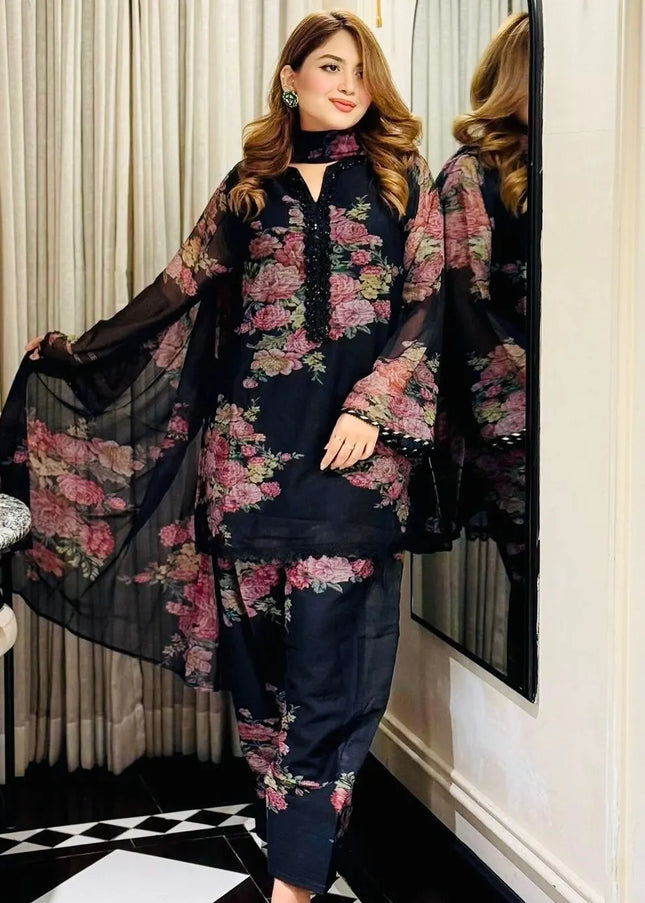 Black Floral Printed Pant Style Suit