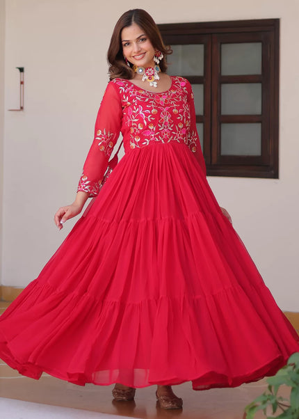 Red Embroidered Anarkali Gown