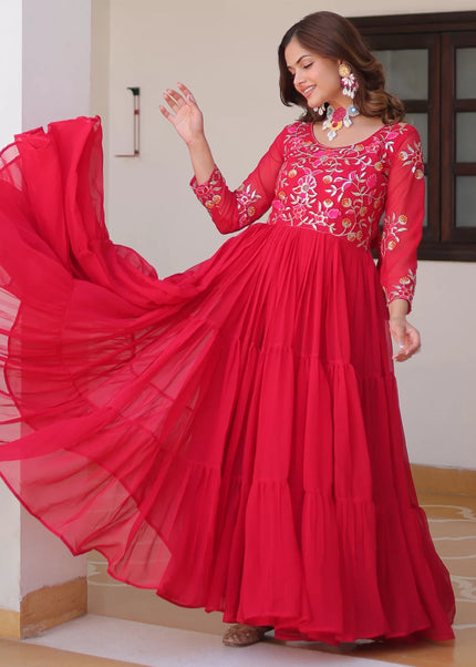 Red Embroidered Anarkali Gown
