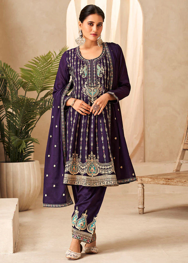 Violet Multi Embroidered Salwar Style Pant Suit
