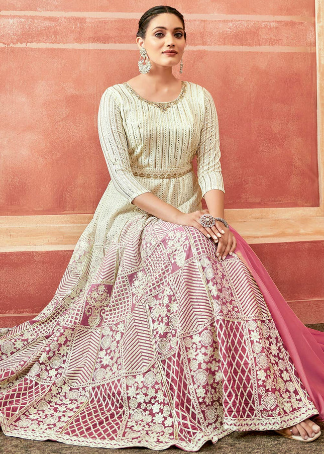 Offwhite and Pink Embroidered Anarkali Gown