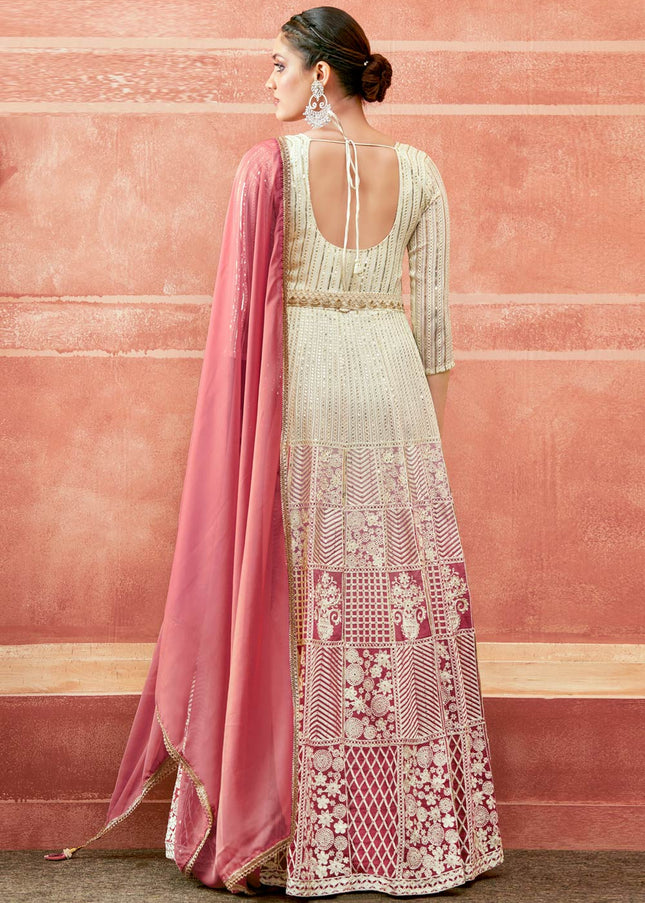 Offwhite and Pink Embroidered Anarkali Gown