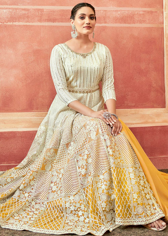 Offwhite and Yellow Embroidered Anarkali Gown