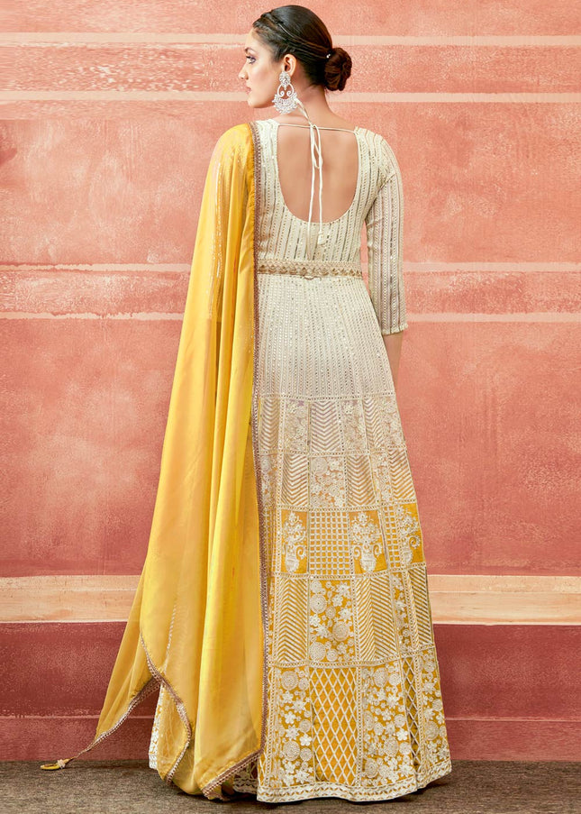 Offwhite and Yellow Embroidered Anarkali Gown