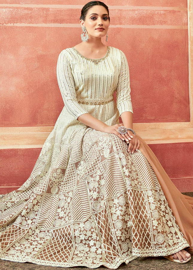 Offwhite and Peach Embroidered Anarkali Gown