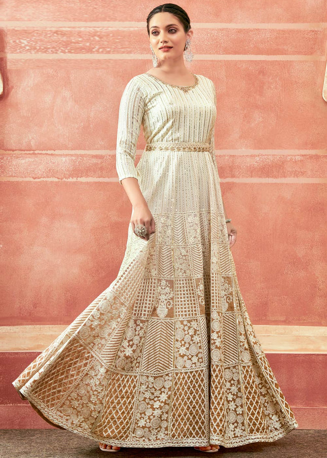 Offwhite and Peach Embroidered Anarkali Gown