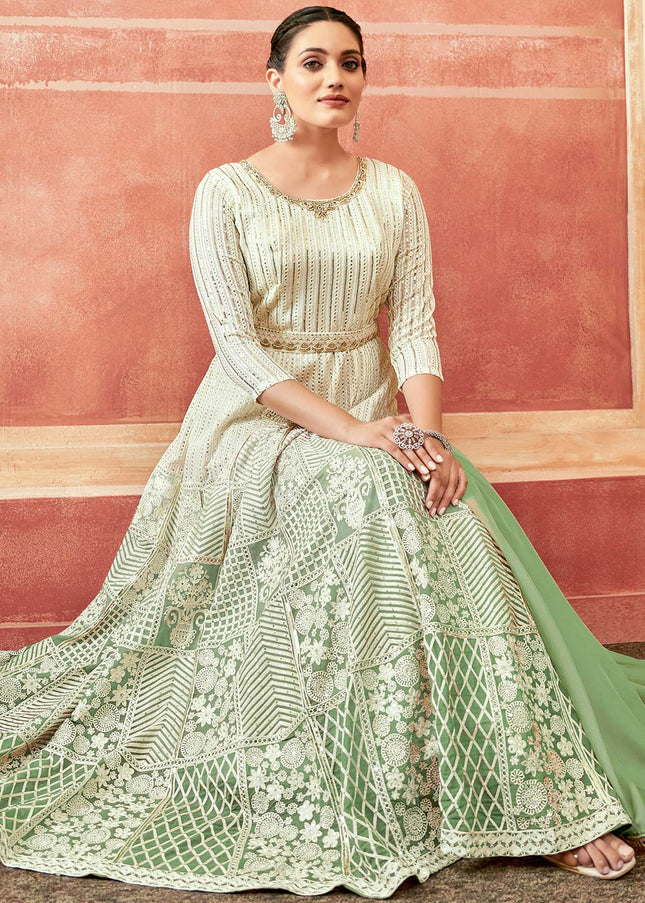 Offwhite and Green Embroidered Anarkali Gown