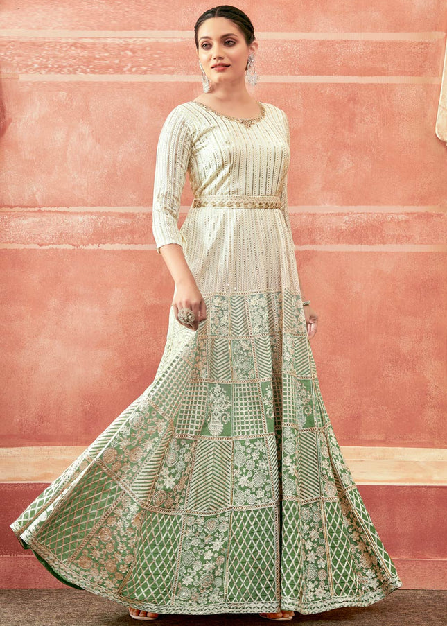 Offwhite and Green Embroidered Anarkali Gown