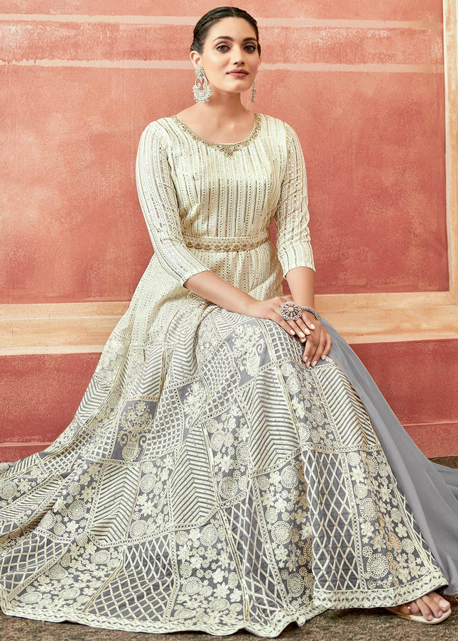 Offwhite and Grey Embroidered Anarkali Gown