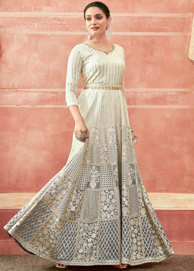 Offwhite and Grey Embroidered Anarkali Gown
