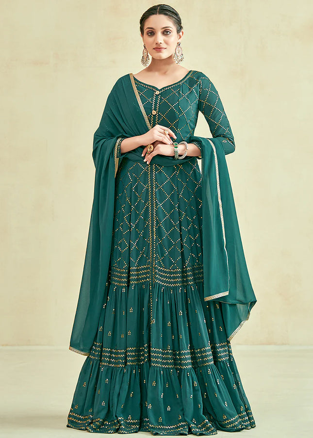 Teal Green Embroidered Anarkali Gown