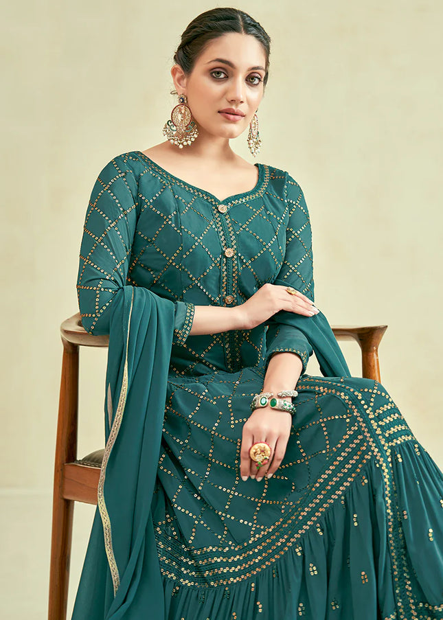 Teal Green Embroidered Anarkali Gown