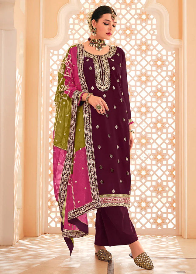 Purple Multi Embroidered Pant Style Suit