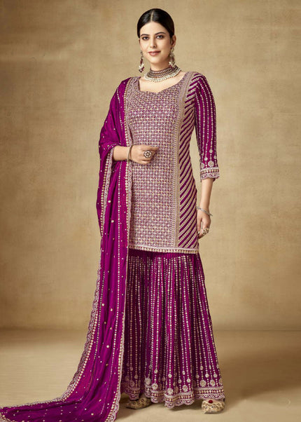 Magenta Pink Embroidered Gharara Suit
