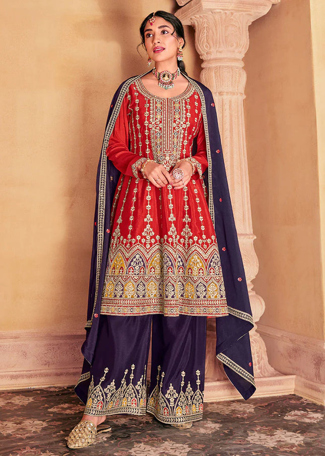 Red and Purple Embroidered Palazzo Suit