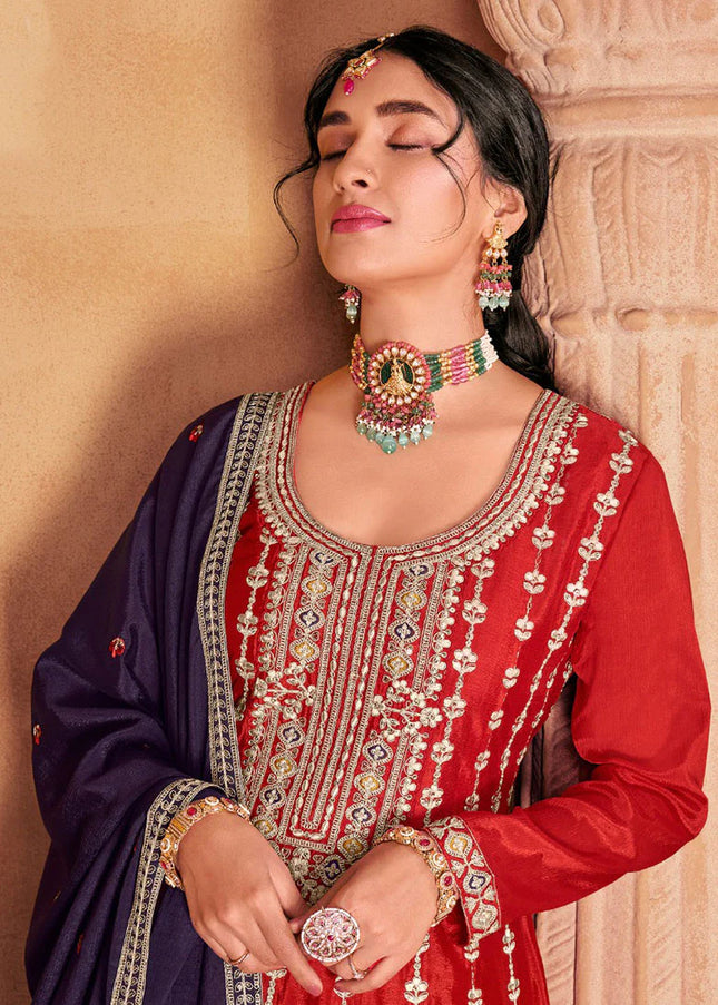 Red and Purple Embroidered Palazzo Suit