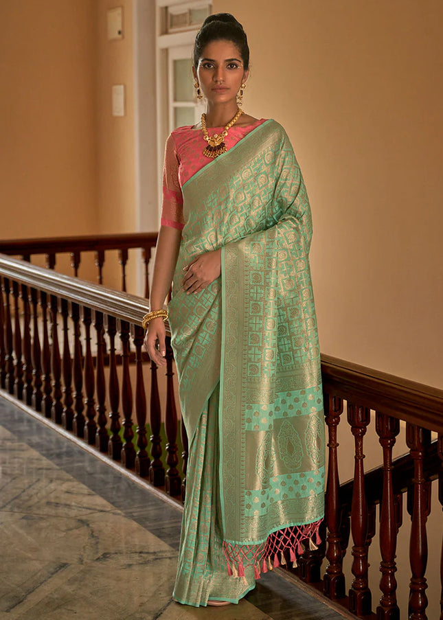 Sea Green and Peach Embroidered Festive Saree