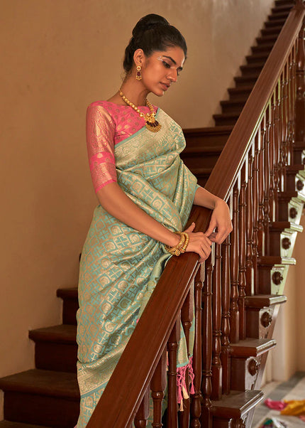 Sea Green and Peach Embroidered Festive Saree