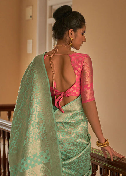 Sea Green and Peach Embroidered Festive Saree