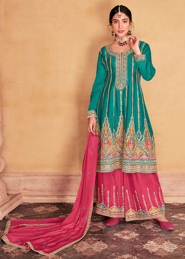 Turquoise and Pink Embroidered Palazzo Suit