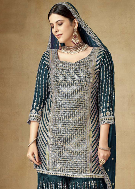 Teal Embroidered Gharara Suit