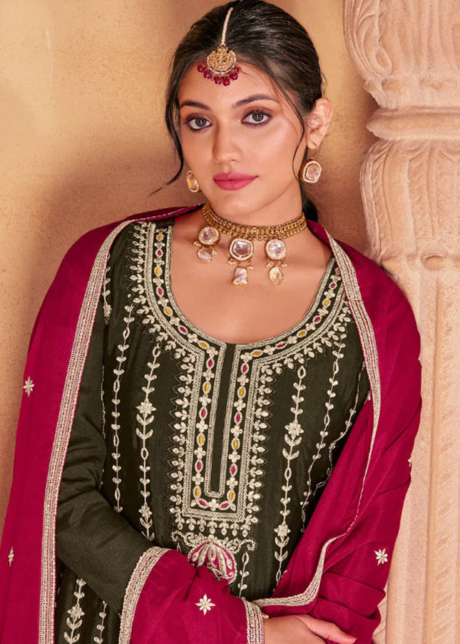 Olive Green and Pink Embroidered Palazzo Suit