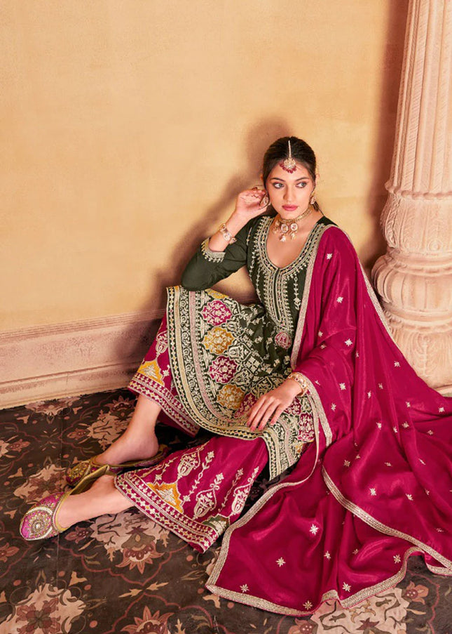 Olive Green and Pink Embroidered Palazzo Suit