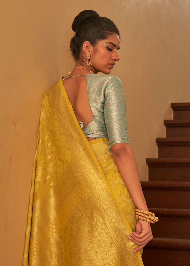 Yellow and Sky Blue Embroidered Festive Saree