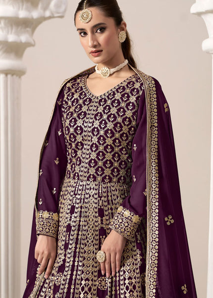 Wine Embroidered Anarkali