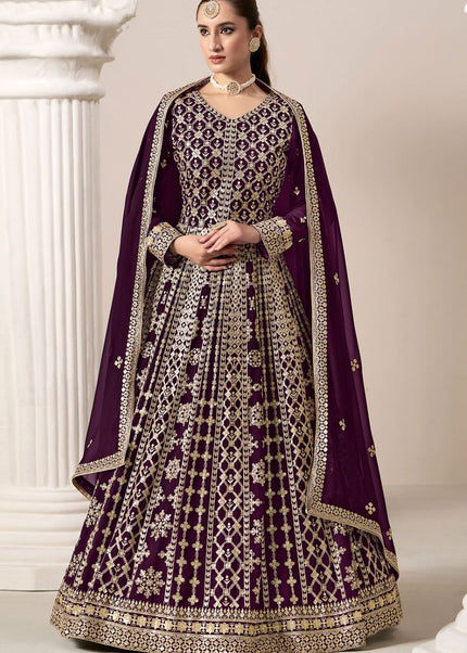 Wine Embroidered Anarkali