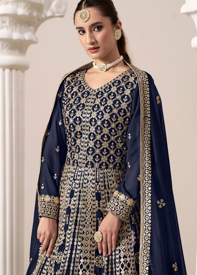 Navy Blue Embroidered Anarkali