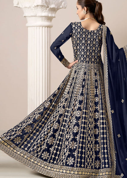 Navy Blue Embroidered Anarkali