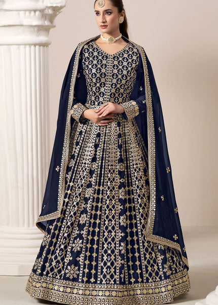 Navy Blue Embroidered Anarkali