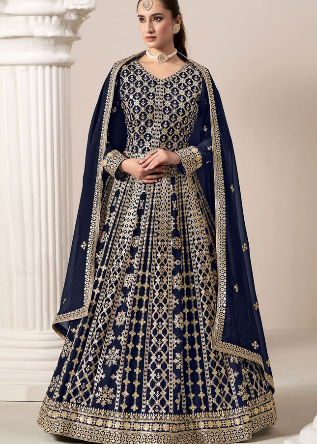 Navy Blue Embroidered Anarkali