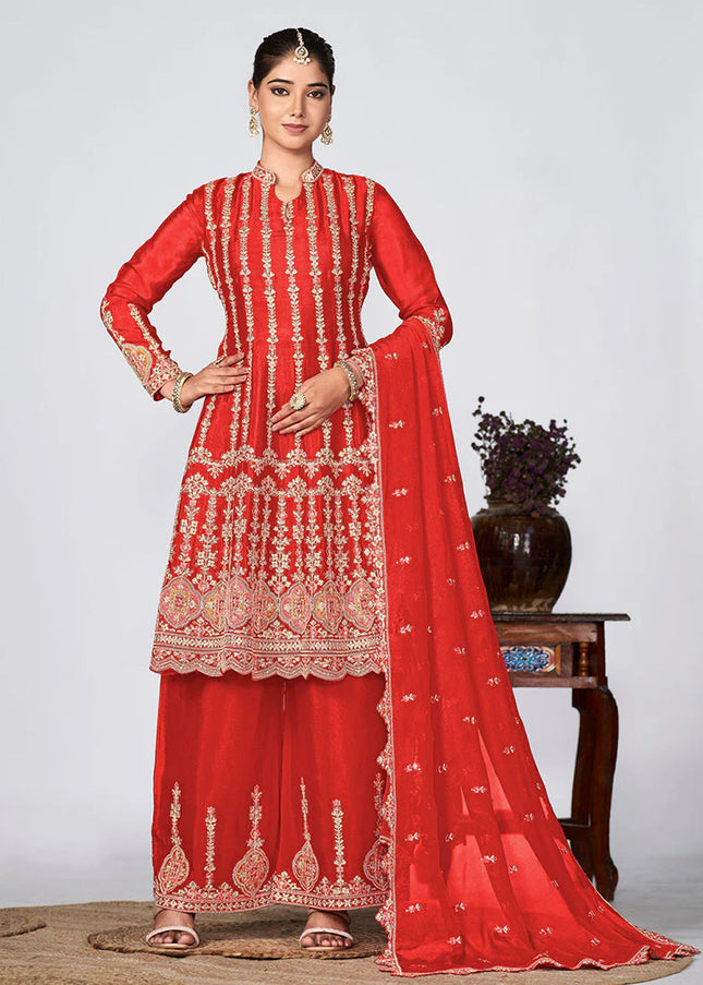 Red Multi Embroidered Pant Style Suit
