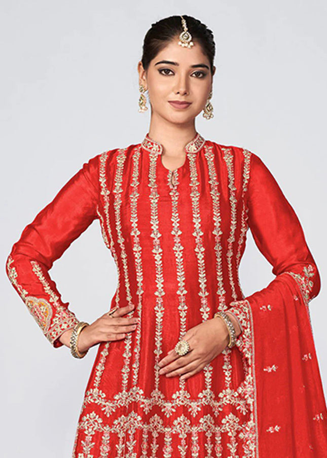 Red Multi Embroidered Pant Style Suit