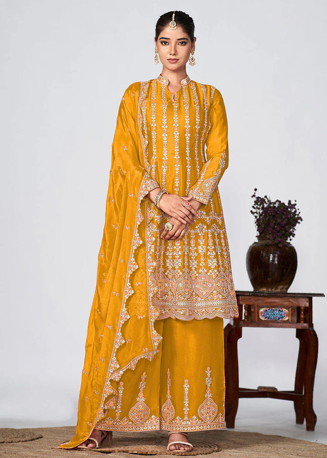Yellow Multi Embroidered Pant Style Suit