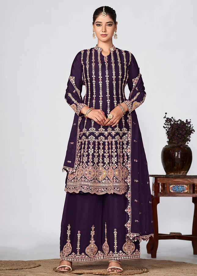 Purple Multi Embroidered Pant Style Suit