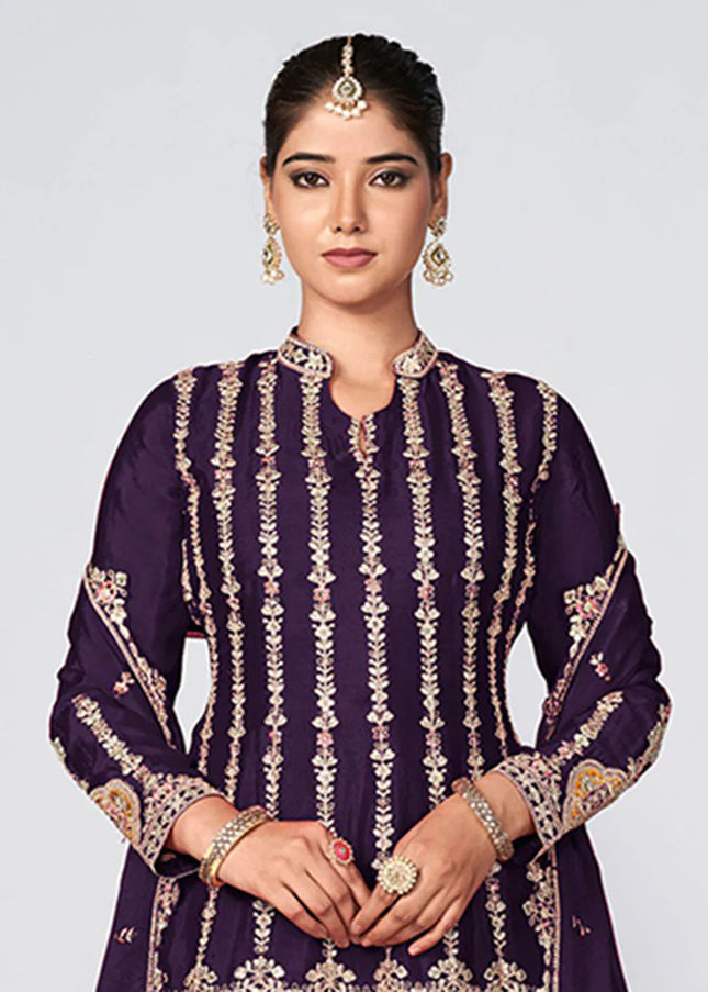 Purple Multi Embroidered Pant Style Suit