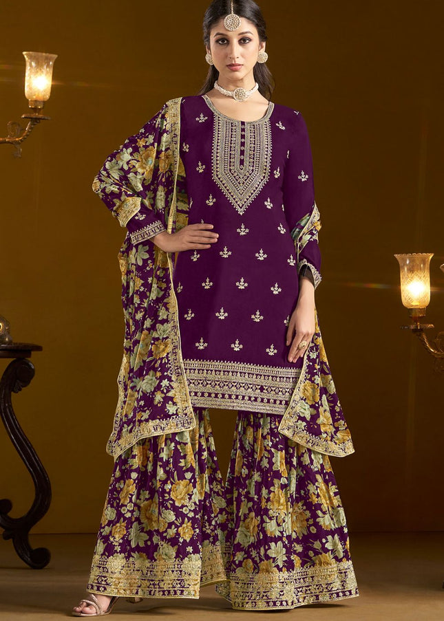 Purple Embroidered Gharara Suit