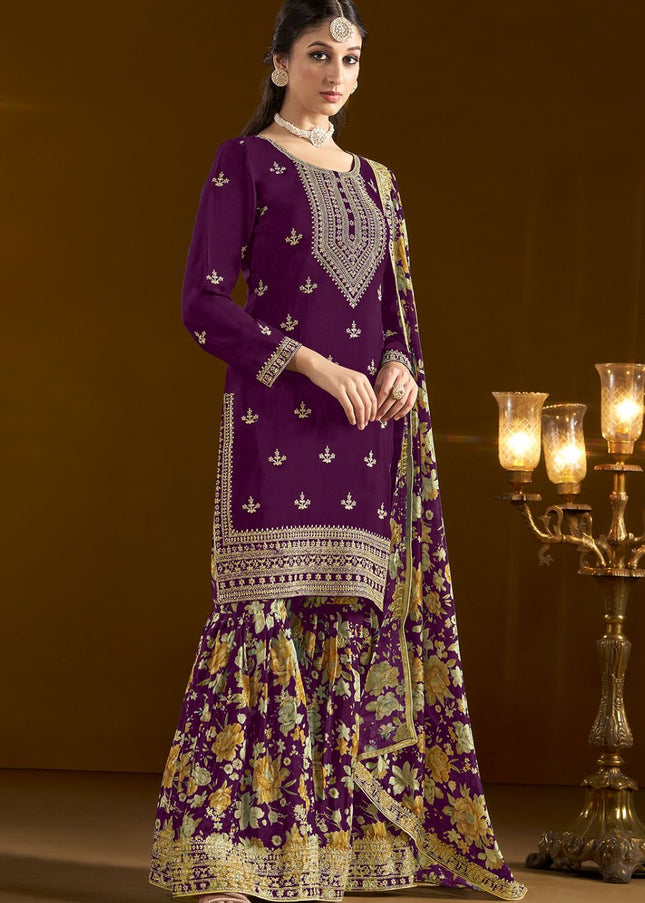 Purple Embroidered Gharara Suit