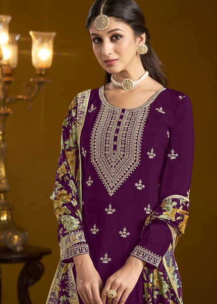 Purple Embroidered Gharara Suit