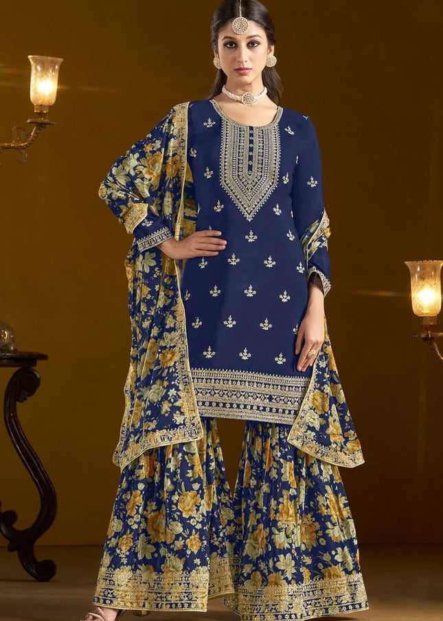 Navy Blue Embroidered Gharara Suit