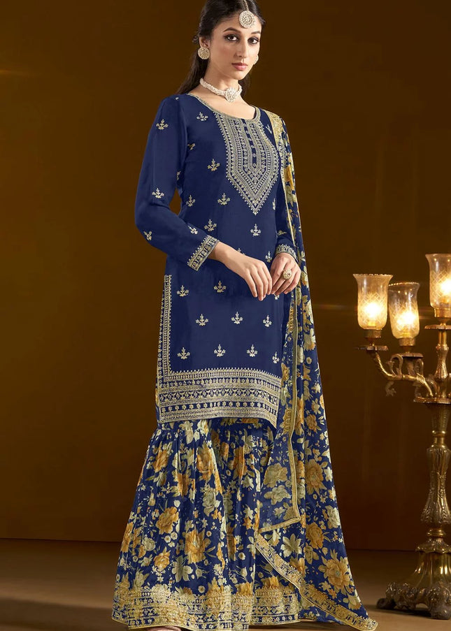 Navy Blue Embroidered Gharara Suit